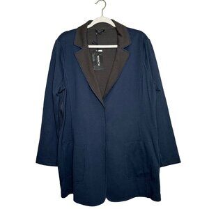 Worth New York Knit Blazer Size XL Navy Blue Brown Side Zipper Collar Pocket New
